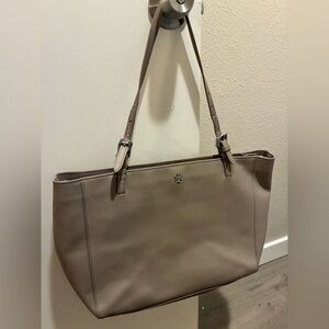 Tory Burch York Buckle Tote Taupe Saffiano Leather Shoulder Bag